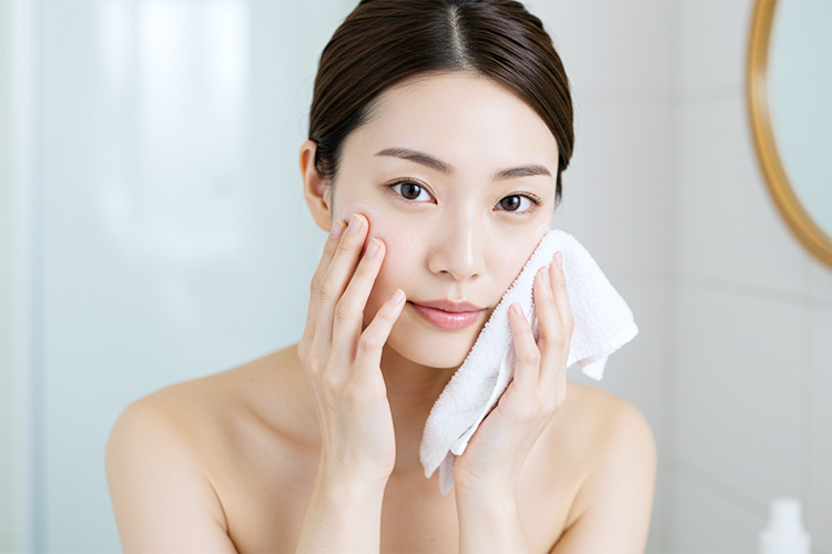 洗顔後の女性。フェイスタオルで顔を押さえ、肌が自然に弱酸性に戻り、潤っている様子。