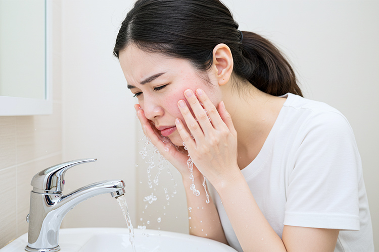 間違った洗顔で肌が痛む女性