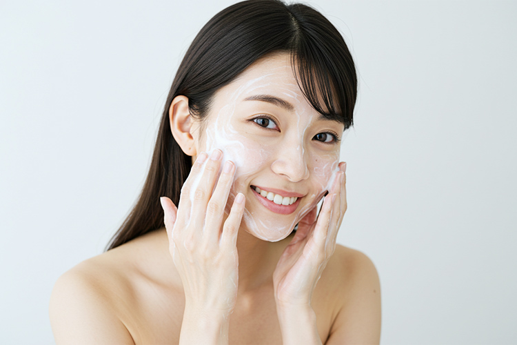 固形石鹸で正しい洗顔をする女性