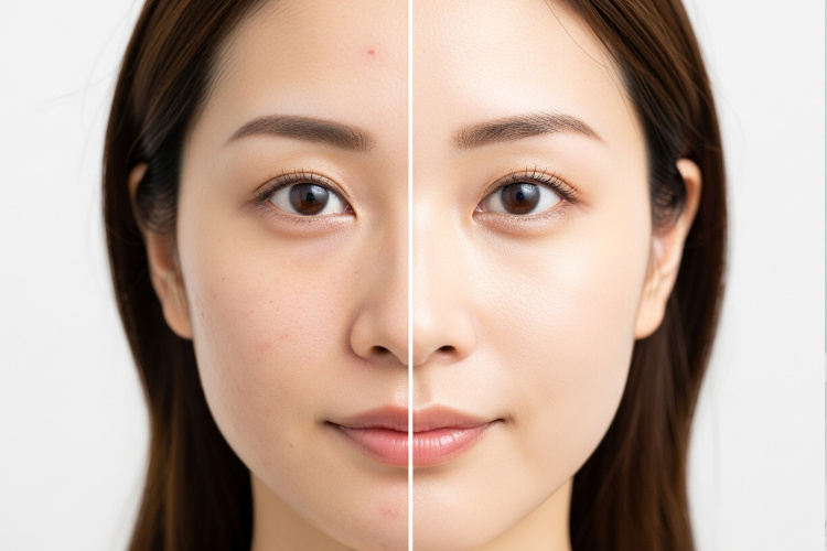 左側にニキビがある肌、右側にニキビが改善されツヤツヤの肌になった比較画像