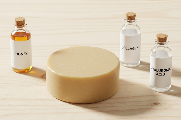 黄色がかったベージュの丸い石鹸と、周りにハチミツ、コラーゲン、ヒアルロン酸の小瓶が配置されている画像