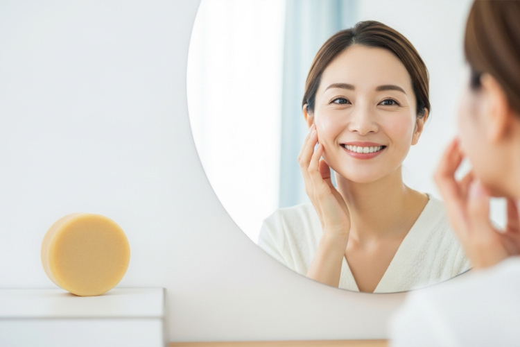 鏡を見て笑顔で肌を触っている日本人女性。肌はツヤツヤで、手前に#肌をメイクする石鹸が映っている