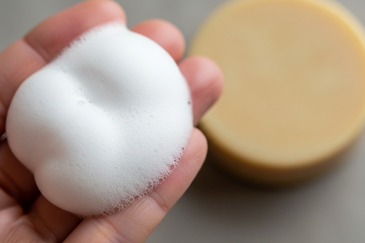 きめ細かい弾力のある洗顔泡が手のひらに乗っている。横には#肌をメイクする石鹸が置かれている。