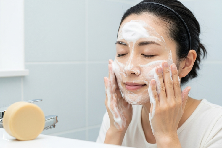 40代女性が泡で優しく洗顔している様子。肌に泡が密着している。背景に#肌をメイクする石鹸が置かれている。