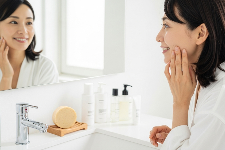 40代女性が鏡の前で、洗顔後の潤った肌を確認し、満足そうな表情を浮かべている。背景に#肌をメイクする石鹸とスキンケア用品が置かれている。