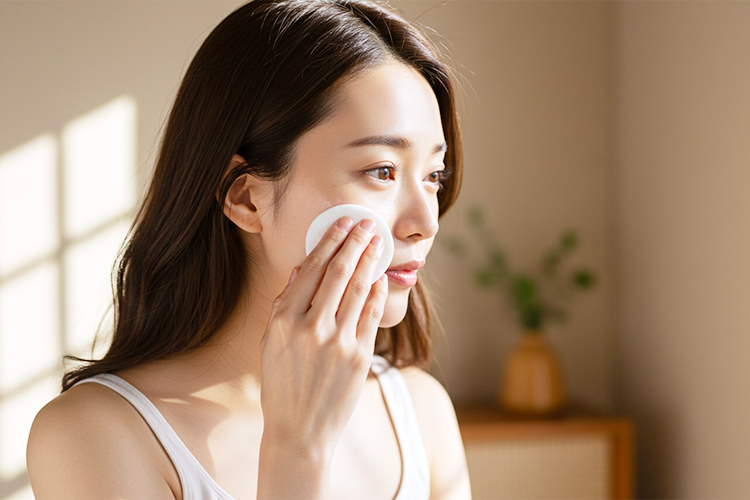 化粧水をコットンで塗る女性