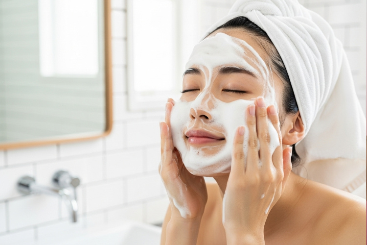 泡で優しく洗顔する女性の写真