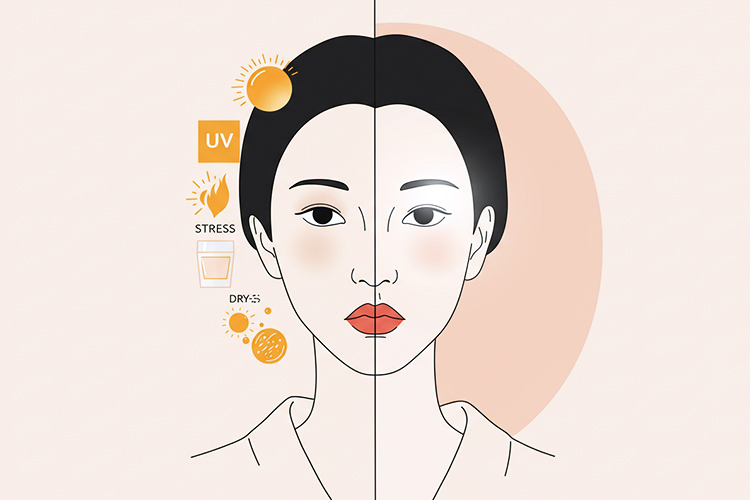 すんだ肌と透明感のある肌を比較した女性の顔イラスト。くすみの原因が抽象的に表現されている