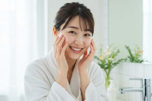 洗顔後のつっぱり感を解消し、しっとり潤う美肌をイメージした写真。