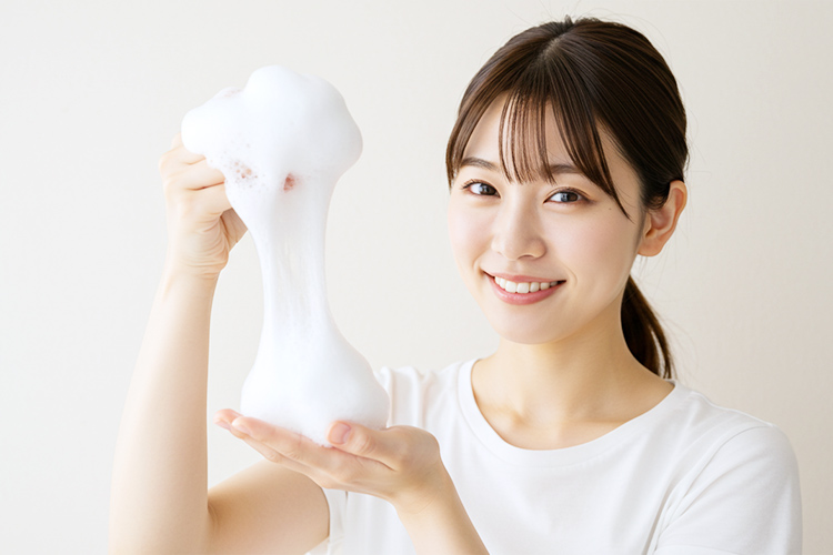 泡立てた泡を手にのせる女性