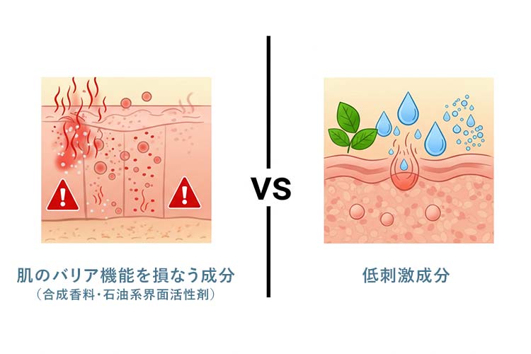 敏感肌にNGな成分と低刺激成分の比較。合成香料・石油系界面活性剤は避けるべき