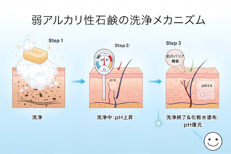 弱アルカリ性石鹸の洗浄メカニズムと肌のpH復元プロセス