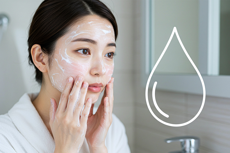 泡で洗顔している日本人女性と肌バリア機能を象徴するイラスト