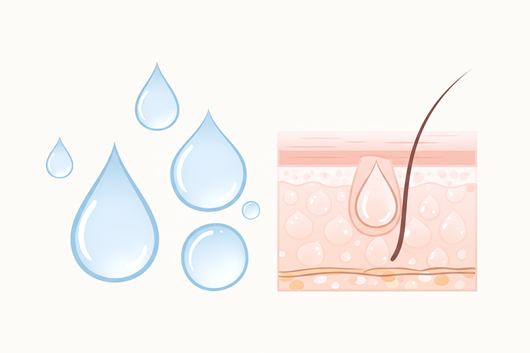 イラスト。抽象的な水滴と、潤った肌の断面図。