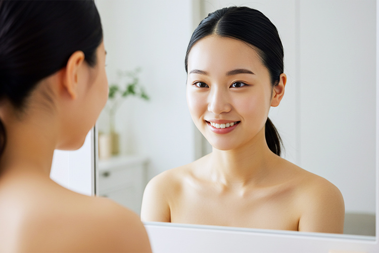 すっぴんで笑顔で鏡を見る日本人女性。肌がツヤツヤで、ノーファンデでも自信のある表情。