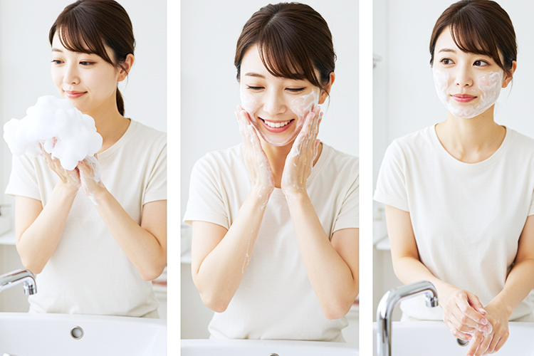 正しい洗顔ステップ(泡立て、洗顔、すすぎ