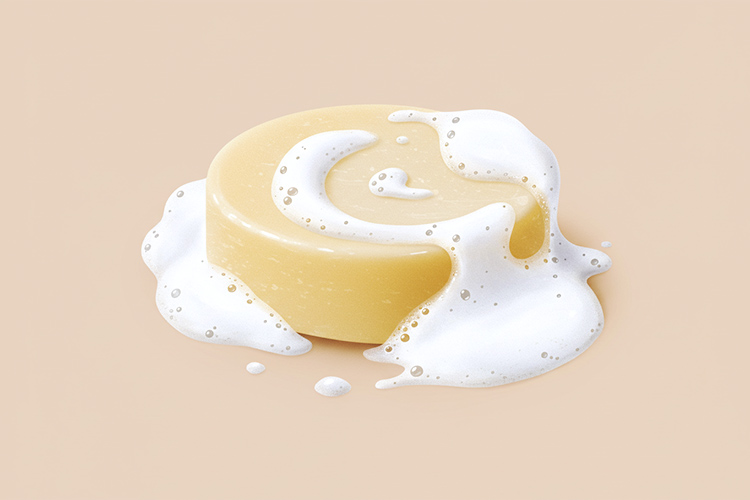 イラスト。石鹸から泡が立ち上がり、泡が石鹸を包み込んでいる