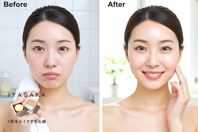 乾燥肌の洗顔前後の肌状態比較(左:洗顔後のつっぱり肌、右:正しい洗顔後の潤い肌)