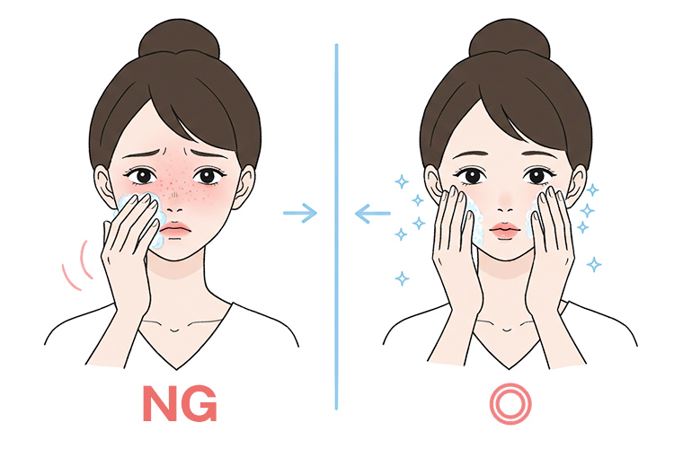 ゴシゴシ洗顔と優しい洗顔の比較イラスト、肌の状態の違い