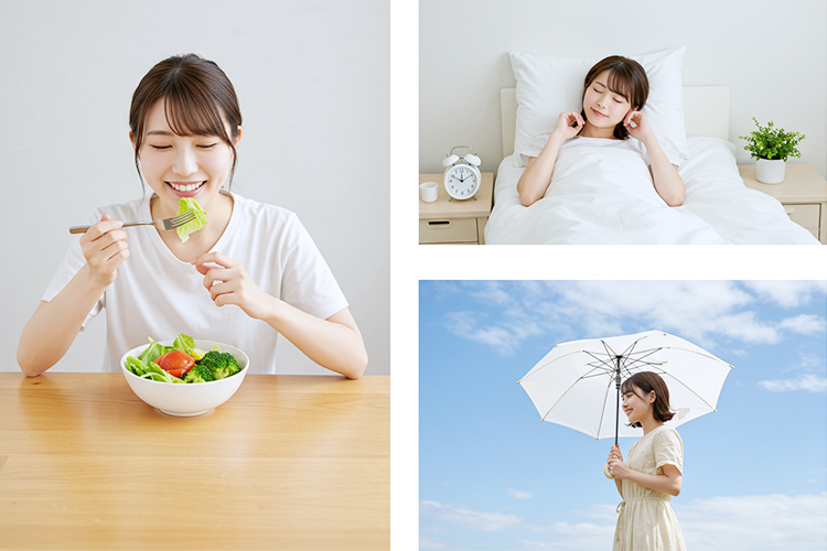 毛穴ケアに役立つ生活習慣。食生活、睡眠、紫外線対策のシーン。