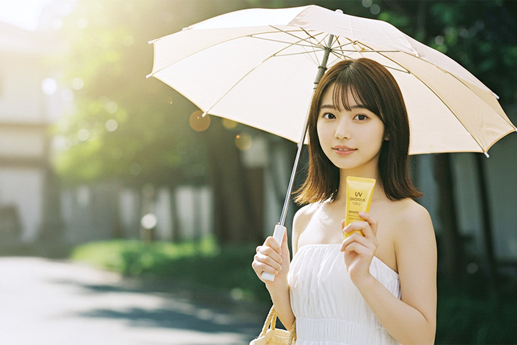 日傘を差しながら、手に日焼け止めクリームを持っている日本人女性。晴れた日の街中を歩くシーン。