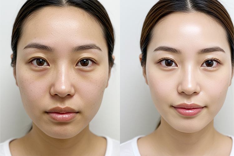 洗顔前後の肌の変化を比較した日本人女性の顔のアップ