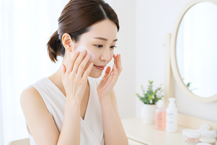 洗顔後のスキンケアを行う日本人女性。透明感と潤いのある肌。