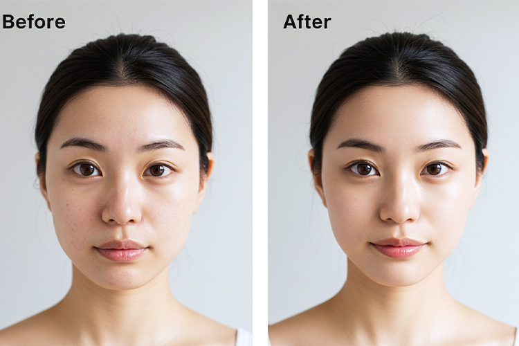 洗顔前後比較写真。洗顔前は毛穴が目立ち、洗顔後は肌が明るく滑らかになった状態。