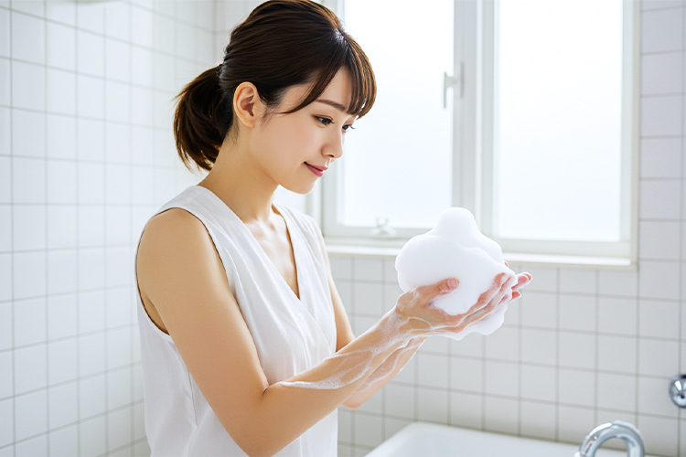 女性が手のひらで洗顔泡を立てているシーン