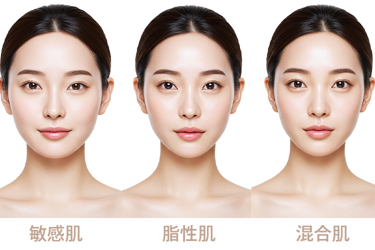 敏感肌、脂性肌、混合肌の3種類の肌質を象徴する女性の顔。それぞれの肌の特徴が表現されている。