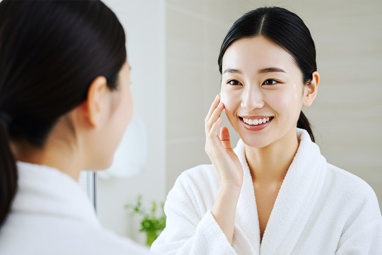 日本人女性が洗顔後、鏡を見て微笑んでいるシーン。肌の透明感とツヤを強調し、清潔感のある表情。背景は明るく、シンプルな室内。写真風リアルなタッチで。