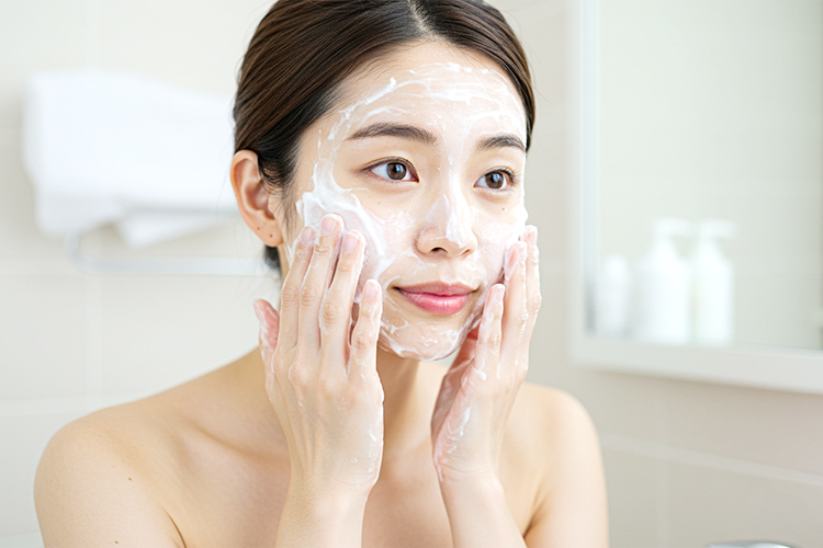 泡で優しく洗顔する女性