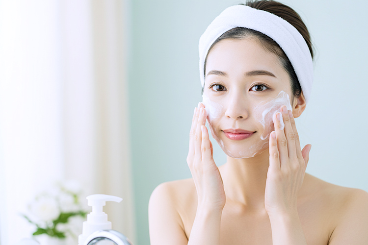 敏感肌でも安心の泡洗顔をする女性