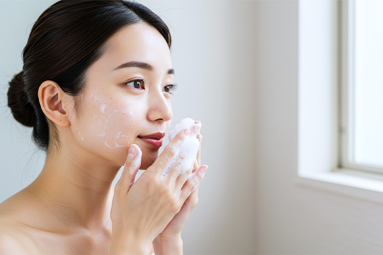 正しい洗顔方法。泡で優しく洗う女性