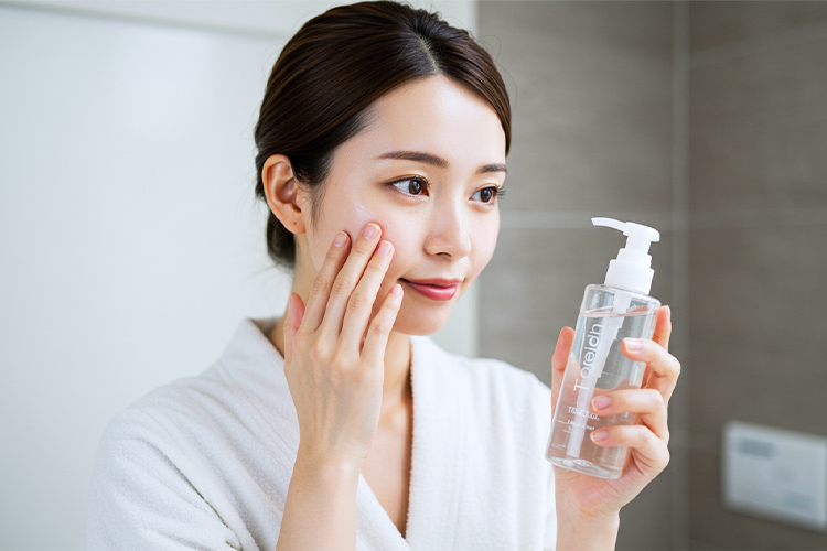 洗顔後の保湿ケア。化粧水を塗る女性