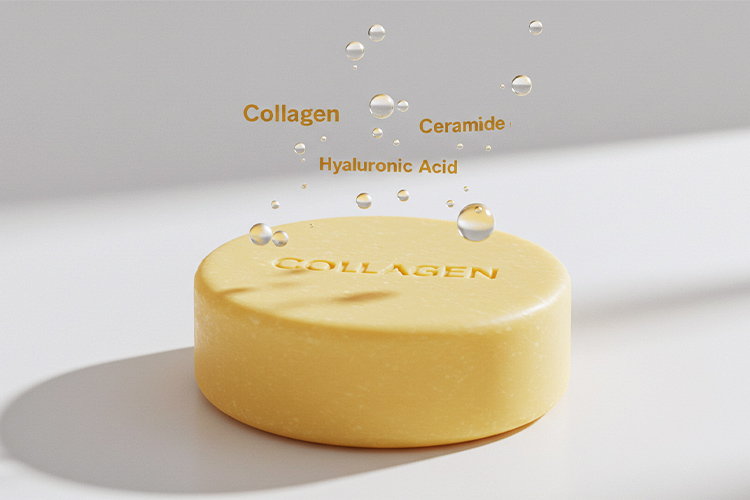 コラーゲンやヒアルロン酸が配合された洗顔石鹸のクローズアップ写真