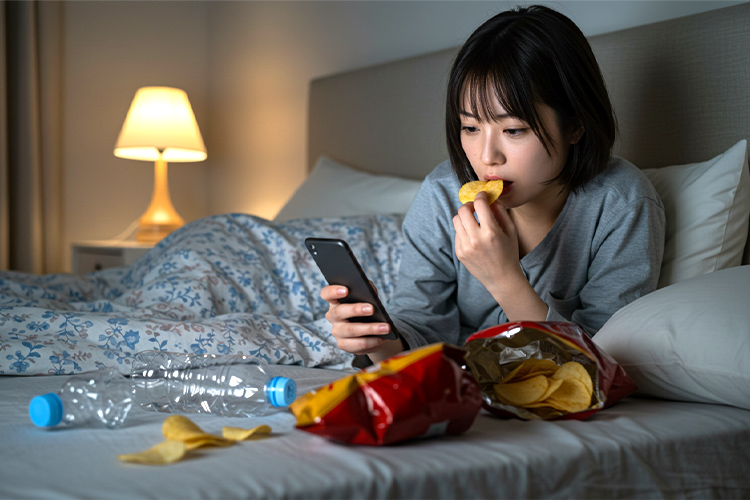 夜遅くまでスマートフォンを見ながらジャンクフードを食べる女性