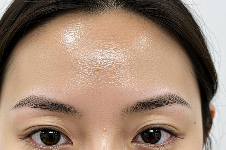 Tゾーンがテカっている女性の顔のアップ。毛穴の開きとベタつきが目立つ