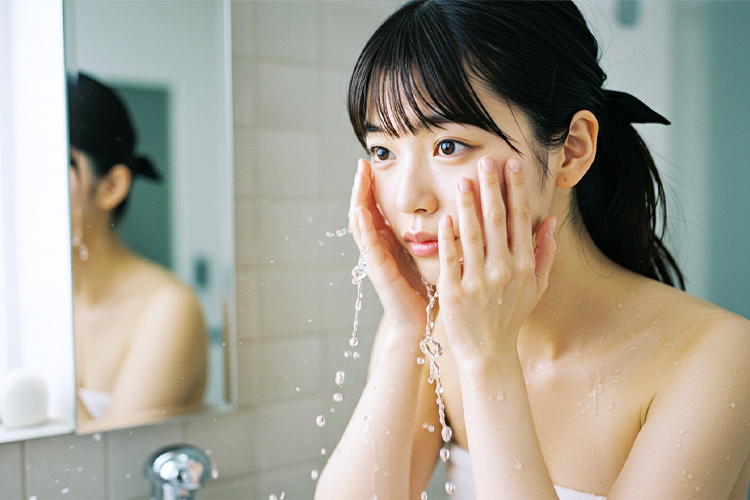 水で洗顔する女性