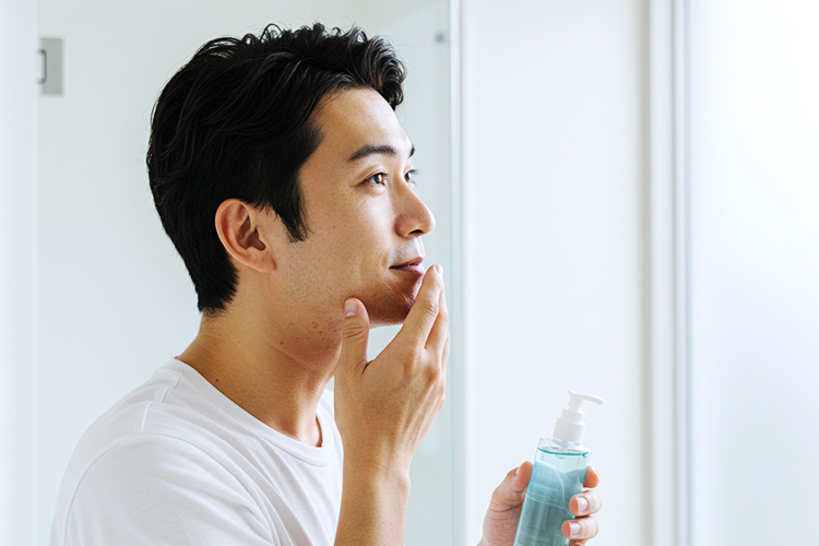 髭剃り後のアフターケアで化粧水をつける男性
