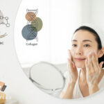 40代女性が泡で洗顔するシーン。背景に丸い石鹸と保湿成分のイラスト