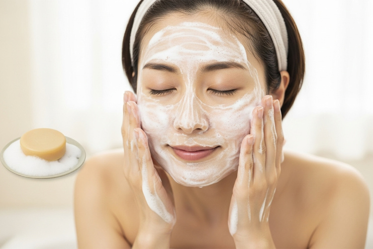 40代女性が泡で洗顔しているシーン。