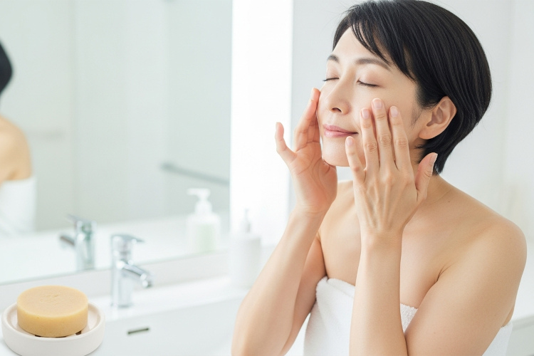 洗顔後のスキンケアをする50代女性の写真