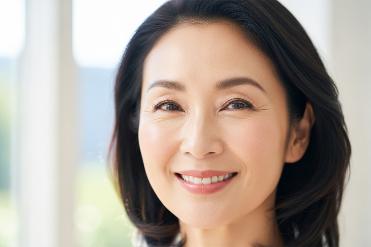 50代女性の潤ったツヤ肌のポートレート