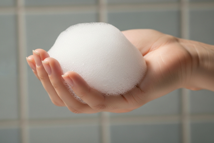 40代女性が泡立てた濃密な洗顔泡のクローズアップ