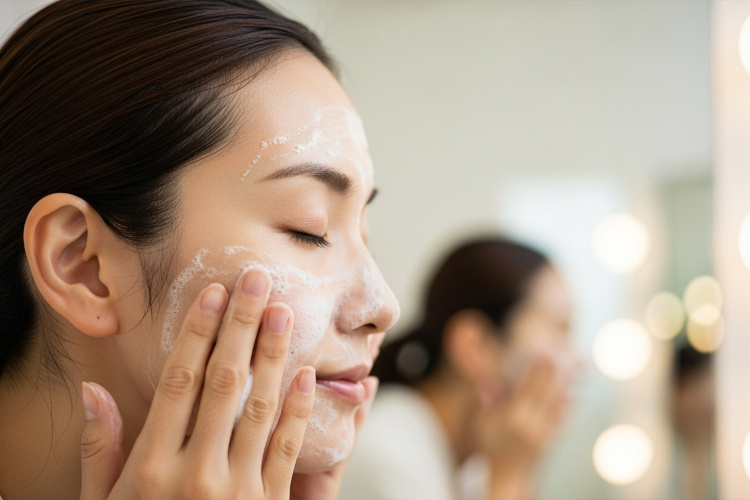 40代女性が泡で優しく洗顔している横顔