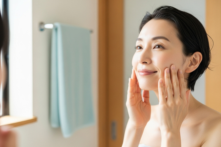 洗顔後の40代女性が鏡で肌を確認し満足するシーン