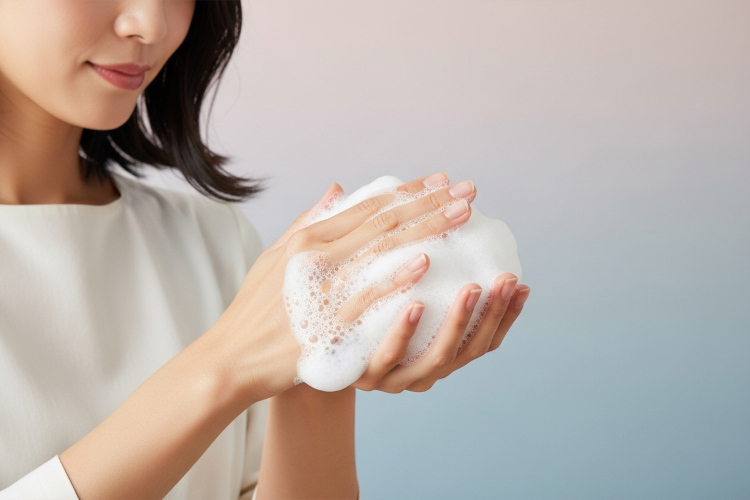 手で泡を立てる女性。