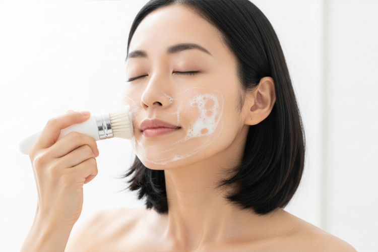 洗顔ブラシで優しく洗う女性。