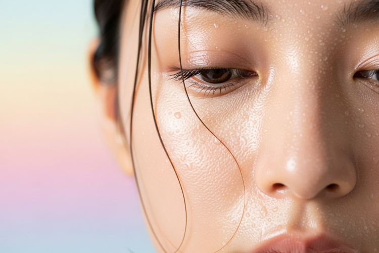 洗顔後の潤いと透明感のある肌。